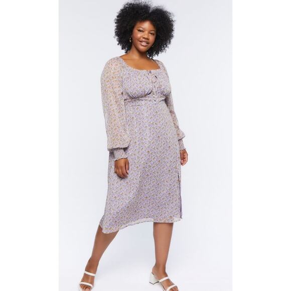 NWT Forever 21 Plus Size 1X Purple Ditsy Floral Print Midi Dress fairy boho - Picture 1 of 10